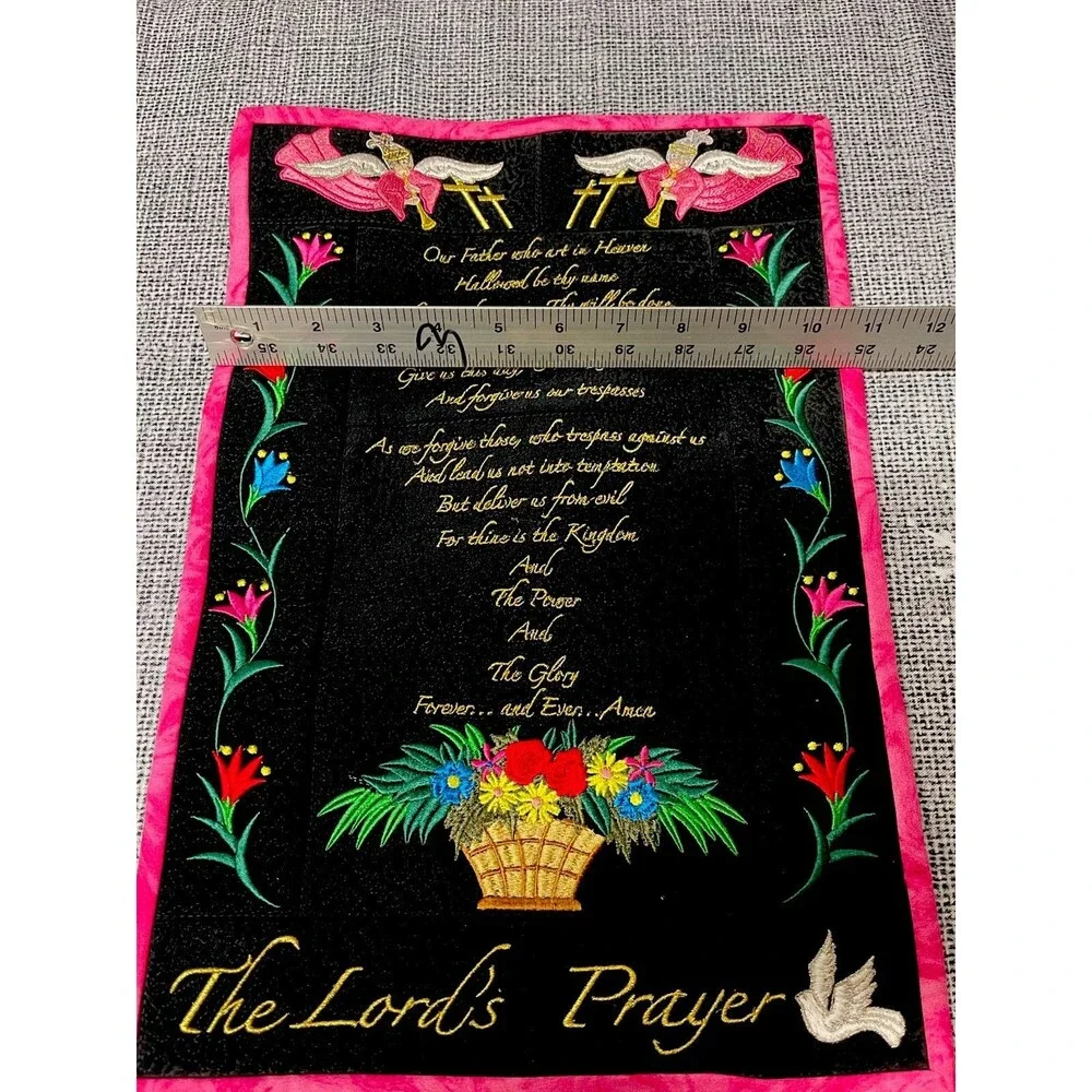Handmade Lord’s Prayer Embroidered Quilt Wall Hanging Angels Floral 17x10